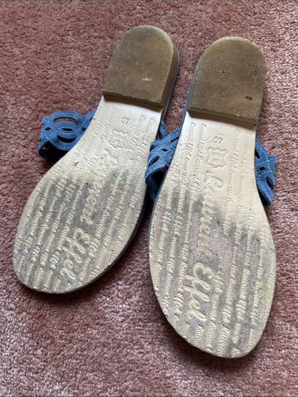 Laurent Effel Blue Suede Thong Sandals, Cutout Strap Slip On - Picture 7 of 13